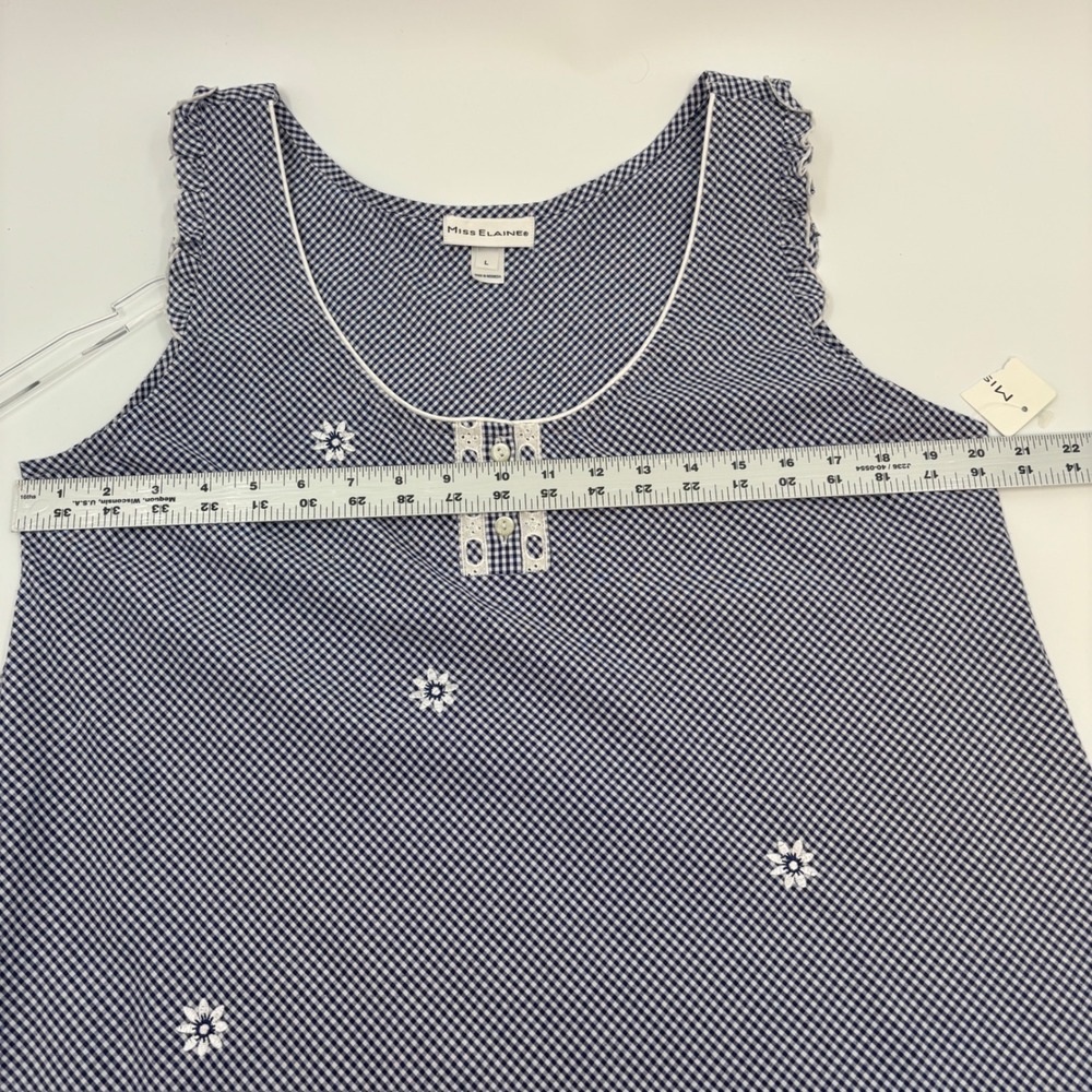 Miss Elaine Nightgown Women L Navy Gingham Floral Embroidered Ruffle Sleepwear - Picture 5 of 10